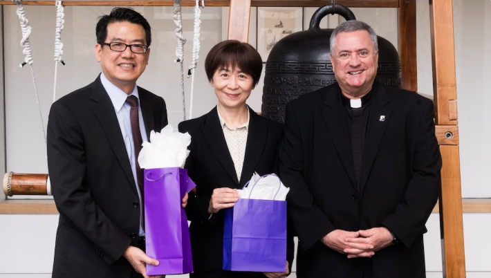 The University of Scranton and Providence University, a Catholic co-educational institution in Taichung City, Taiwan, signed an Accelerated 4+1 Agreement that will allow qualified students at Providence to earn an MBA from Scranton in as little as one year after completing their undergraduate degree at Providence. From left are: Tsun-Jui Hsieh, Ph.D., dean of the College of Management, Providence University; Shu-Hsun Ho, Ph.D., Dean of the International College, Providence University; and Rev. Joseph Marina, S.J., President of The University of Scranton.
